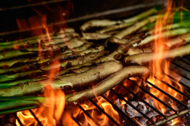 closeup of some calcots, sweet onions typical of Catalonia, Spain, being cooked in a barbecue