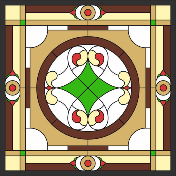 istock Ceiling panels stained glass window. Abstract Flower, swirls and leaves in square frame, geometric ornament, symmetric composition, tiffany technique, classic style. 922650186