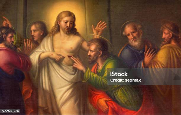 Turin The The Painting The Doubt Of St Thomas In Church Chiesa Di Santo Tomaso By Unknown Artist Of 18 Cent Stock Photo - Download Image Now