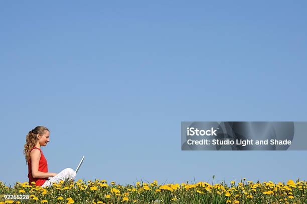 Schönes Mädchen Arbeiten In Laptop Im Freien Stockfoto und mehr Bilder von Arbeiten - Arbeiten, Attraktive Frau, Blau