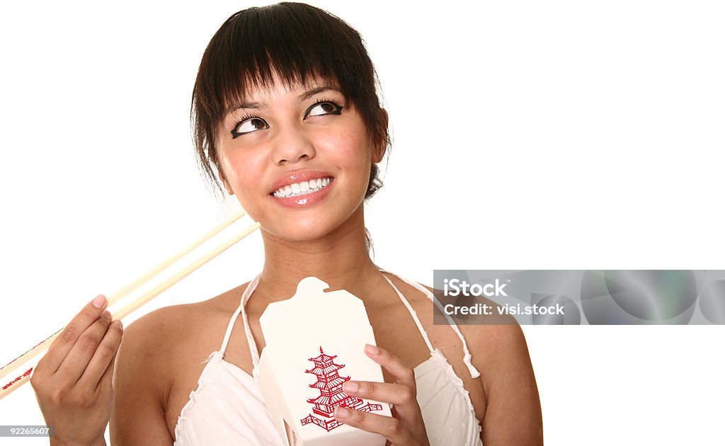 Bela Brunette desfrutar de comida chinesa 2 - Foto de stock de Adulto royalty-free