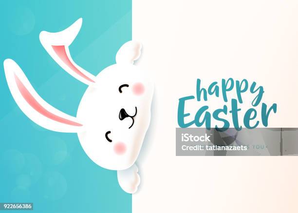 Ilustración de Tarjeta De Pascua Con Conejo Sonriendo Divertido Lindo Blanco Conejito De Pascua Que Primavera y más Vectores Libres de Derechos de Conejo de pascua