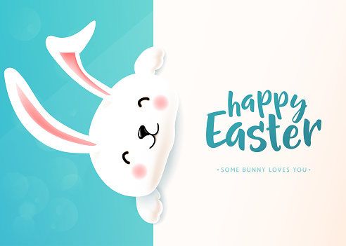 Easter card with white cute funny smiling rabbit. Cartoon easter bunny wishing spring holiday. Copy space. Vector illustration