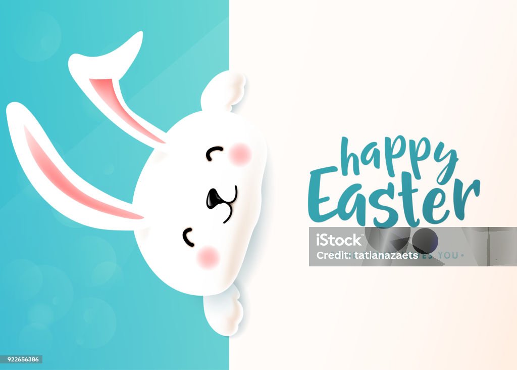 Easter card with white cute funny smiling rabbit. Easter bunny wishing spring Easter card with white cute funny smiling rabbit. Cartoon easter bunny wishing spring holiday. Copy space. Vector illustration Easter Bunny stock vector