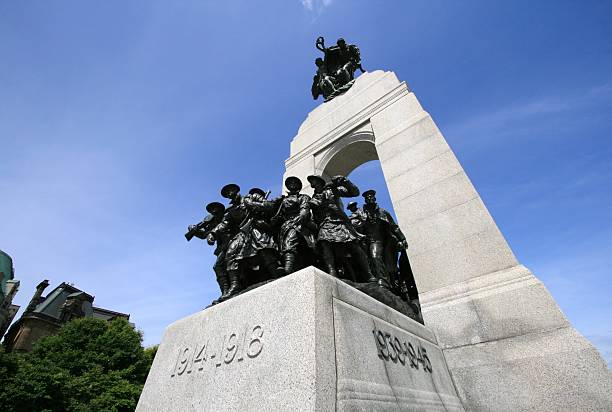 Ottawa, Canada - February 08th 2023: Discovering Majors Hill Park, a famous park for leisure activities and relaxing in downtown Ottawa, taking pictures of the war memorial of Canada, displaying the different wars, starting from the First World War to the Second World War and other wars Canada was involved in. In the sky beautiful clouds and on the ground snow.