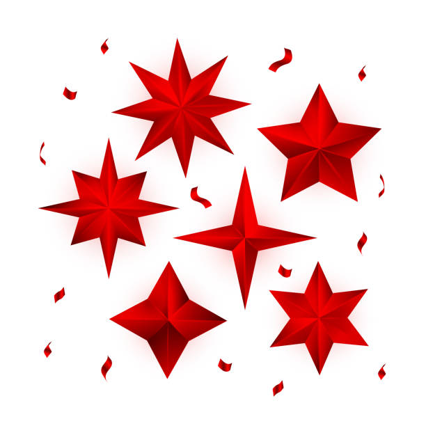 ilustraciones, imágenes clip art, dibujos animados e iconos de stock de conjunto de vector de realista metálicos estrellas rojas aisladas sobre fondo blanco. - star shape confetti red nobody
