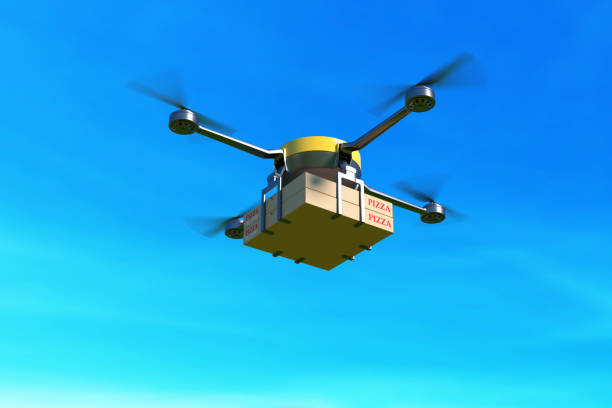 istock Delivery drone with pizza box on blue sky. 922658594