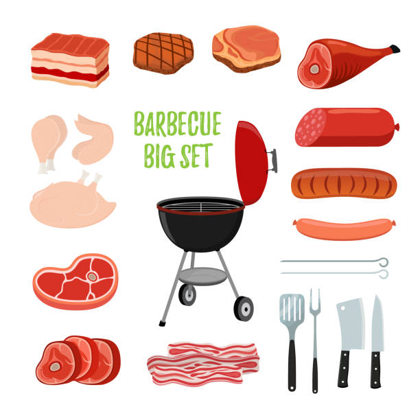 illustrations, cliparts, dessins animés et icônes de set barbecue vector - différentes viandes, stand barbecue. cartoon style plat - pork tenderloin dinner barbecue