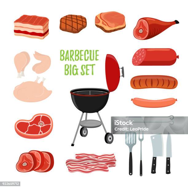 Set Barbecue Vettoriale Carne Diversa Supporto Per Barbecue Stile Piatto Cartone Animato - Immagini vettoriali stock e altre immagini di Carne
