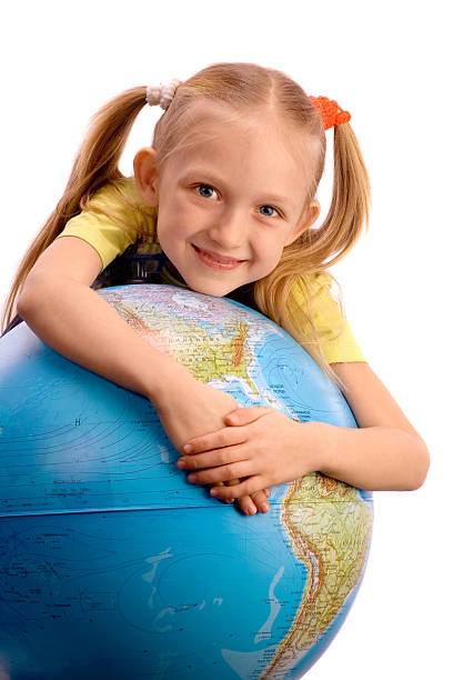 istock Little smiling girl embracing the globe. 92266000