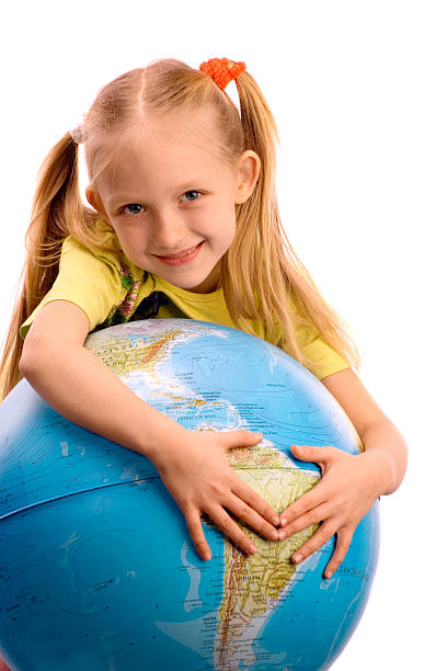 istock Little smiling girl embracing the globe. 92266003