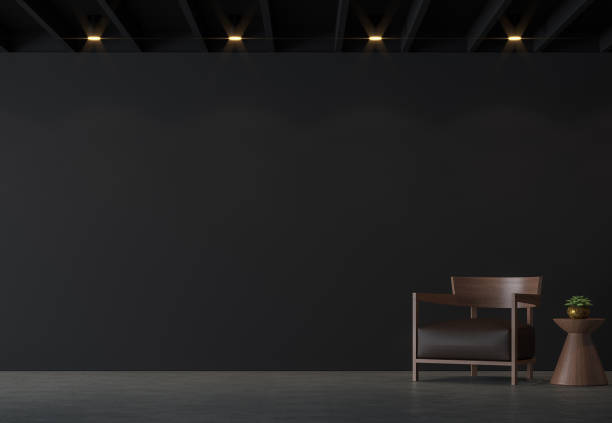 moderno soggiorno loft con immagine di rendering 3d a parete nera. - elegance luxury simplicity architecture foto e immagini stock