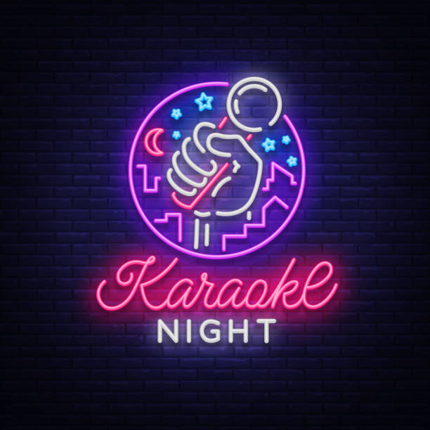 illustrazioni stock, clip art, cartoni animati e icone di tendenza di karaoke vettore notturno. segno al neon, logo luminoso, simbolo, striscione luminoso. pubblicità luminoso karaoke bar notturno, festa, disco bar, night club. musica dal vivo. modello di progettazione - karaoke