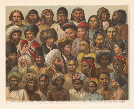 Asian Native People: 1) Chukchi people (Tschuktsche); 2) Kamchadals (Kamtschadale); 3) Ainu (Aino); 4) Nivkh people (Giljakin); 5) Samodeic people (Samojede); 6) Ostyak (Ostjake); 7) Tatar people, 8) Kyrgyz people (Kirgise); 9) Buraet people (Buräte); 10) Kalmyk women (Kalmückin); 11) Tungusic people (Tunguse); 12) Nanai people (Golde, Amur); 13 - 14) Japanese (men and women); 15) Korean; 16) Lao people; 17) Chinese people; 18) Negrito; 19) Indonesian women (Jakatar, Batavierin); 20) East Javanese man (Ostjavaner); 21) Woman from Bali; 22) Batak people from Sumatra; 23) Dayak people from Borneo; 24) Sulawesi people (Celebs); 25) Georgian women; 26) Circassian people (Tscherkesse); 27) Kabardian people; 28) Arab; 29) Jew; 30) Vedda people (Weddah); 31) Sinhalese people; 32) Hindu; 33) Persian people; 34) Baloch people (Belutsche); 35) Cossack people (Kossak). Lithograph after a drawing by Gustav Mützel (German painter, 1839 - 1893), published in 1897.
