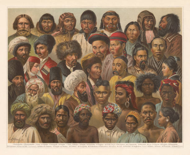 Asian Native People, lithograph, published in 1897 Asian Native People: 1) Chukchi people (Tschuktsche); 2) Kamchadals (Kamtschadale); 3) Ainu (Aino); 4) Nivkh people (Giljakin); 5) Samodeic people (Samojede); 6) Ostyak (Ostjake); 7) Tatar people, 8) Kyrgyz people (Kirgise); 9) Buraet people (Buräte); 10) Kalmyk women (Kalmückin); 11) Tungusic people (Tunguse); 12) Nanai people (Golde, Amur); 13 - 14) Japanese (men and women); 15) Korean; 16) Lao people; 17) Chinese people; 18) Negrito; 19) Indonesian women (Jakatar, Batavierin); 20) East Javanese man (Ostjavaner); 21) Woman from Bali; 22) Batak people from Sumatra; 23) Dayak people from Borneo; 24) Sulawesi people (Celebs); 25) Georgian women; 26) Circassian people (Tscherkesse); 27) Kabardian people; 28) Arab; 29) Jew; 30) Vedda people (Weddah); 31) Sinhalese people; 32) Hindu; 33) Persian people; 34) Baloch people (Belutsche); 35) Cossack people (Kossak). Lithograph after a drawing by Gustav Mützel (German painter, 1839 - 1893), published in 1897. chukchi stock illustrations