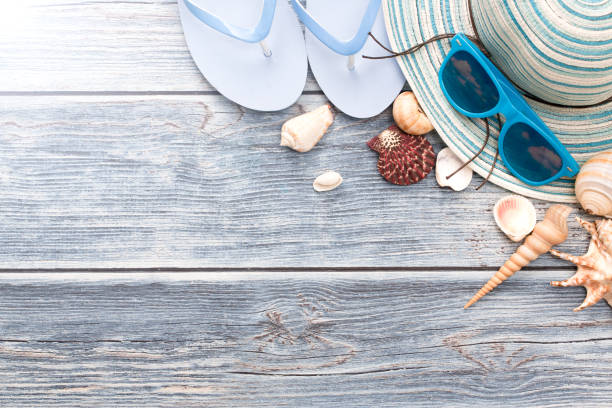 istock Beach accessories on wooden board. 922665768