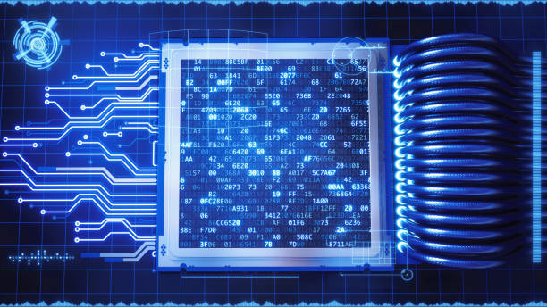 futuristic processor with graphical interface - grid servers imagens e fotografias de stock