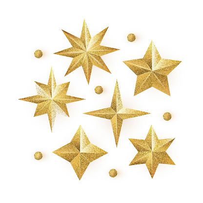 Golden Glitter Stars vector set isolated on white background. 