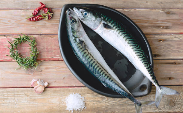istock Two fresh mackerels in a black ceramic bowl with condiments. Upper plane. 922668336