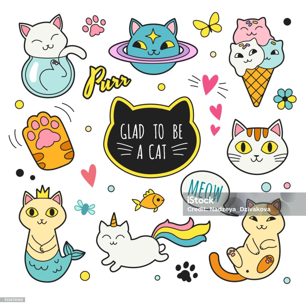 Cats patches collection. Vector illustration of cute funny doodle cats in different poses and unusual interpretation. isolated on white. Mermaid stock vector