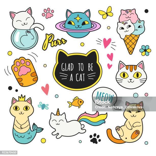 Cats Patches Collection Stock Illustration - Download Image Now - Mermaid, Textile Patch, Drawing - Art Product