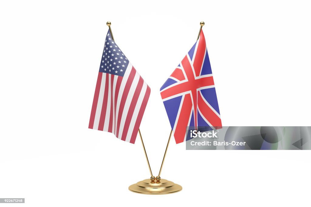 Usa And England Desktop Flag On White Background. Usa And England Desktop Flag On White Background.With Clipping Path American Flag Stock Photo