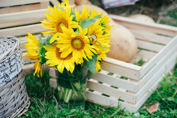 istock Sunflowers and yellow blum flowers with rustic decoration 922673486