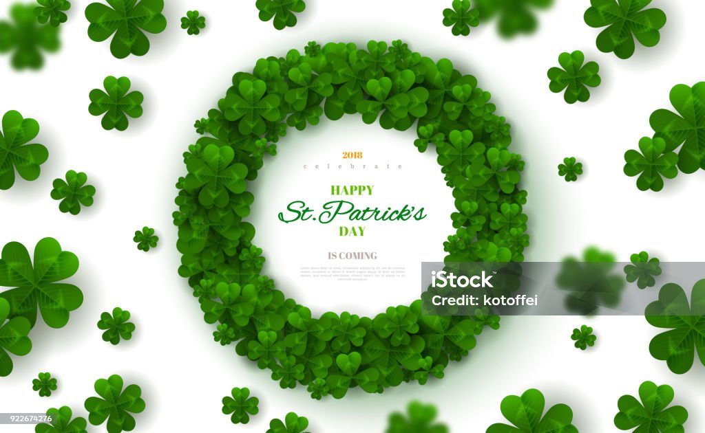 Green Clovers Frame on Bright Background Saint Patrick's Day Round Frame with Green Four and Tree Leaf Clovers on Bright Background. Vector illustration. Party Invitation Design, Typographic Template. Lucky and success symbols Four Leaf Clover stock vector