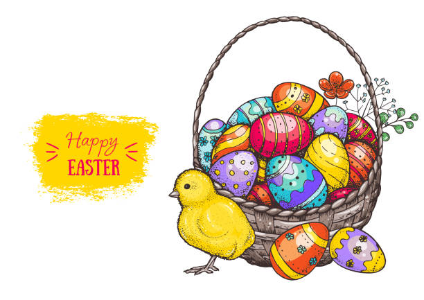 ilustrações, clipart, desenhos animados e ícones de feliz páscoa colorida ilustração vetorial. cesta de ovos de páscoa e mão de bebê galinha desenhada. imagem do estilo dos desenhos animados. - easter animal nest multi colored cheerful