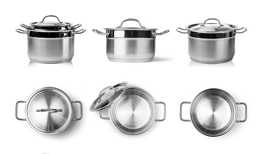 Open stainless steel cooking pot isolated on white