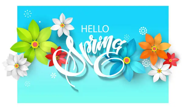 Vector illustration of spring background with paper cutout flowers and lettering for your design of flyer, postcard, banners