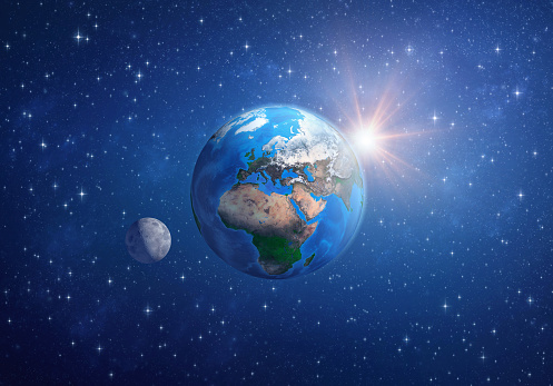 Planet Earth in deep space, focused on Europe, Africa and Asia, with the moon and the sun. 3D illustration (composed with Blender software). Elements of this image furnished by NASA (http://eoimages.gsfc.nasa.gov/images/imagerecords/73000/73655/world.topo.bathy.200404.3x5400x2700.jpg)