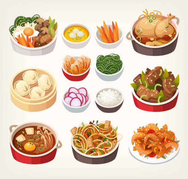 Korean food dishes. Traditional dishes of Korean cuisine every tourist should try while traveling in South Korea. Best meals in eastern classic kitchen. chinese food stock illustrations