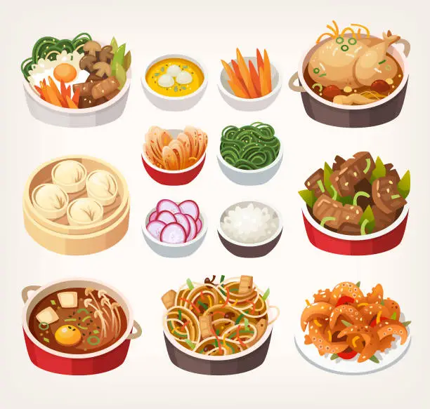 Vector illustration of Korean food dishes.