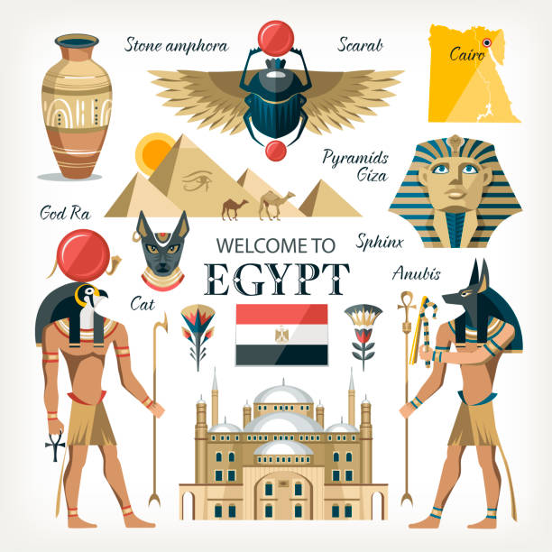Egypt Egypt collection set with  traditional symbols of country giza pyramids gods pharaoh cairo citadel scarab and other egyptian palace stock illustrations
