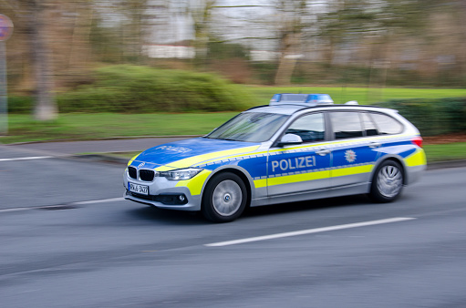 Soest, Germany - December 28, 2017:  German police car drives on a street.