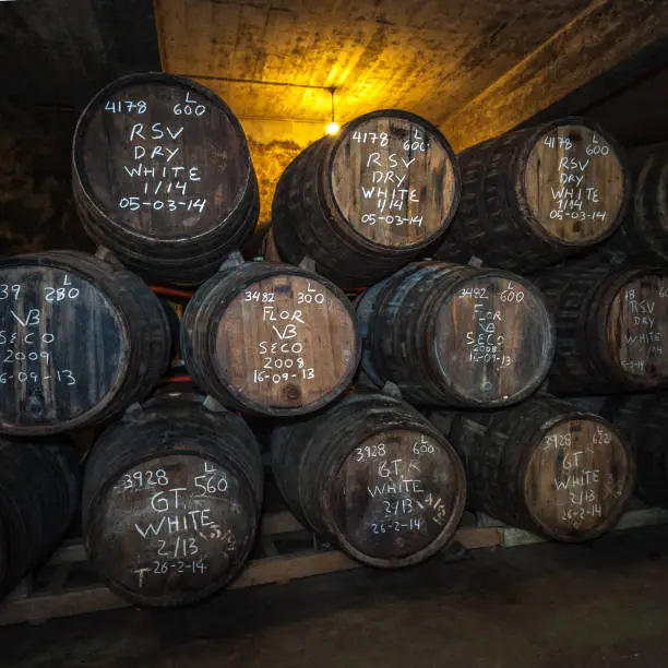 Photo of Port wine barrels in cellar, Vila Nova de Gaia, Porto, Portugal