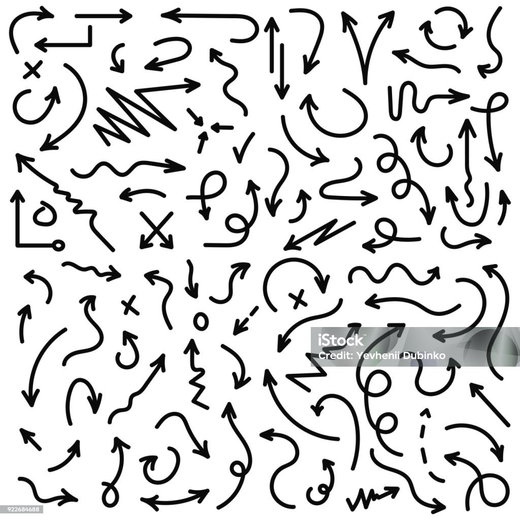 Vector hand drawn arrows set. Black sketch arrows in doodle style. Lines, circles and marks Vector hand drawn arrows set. Black sketch arrows in doodle style. Lines and pointers, circles, check and marks Arrow Symbol stock vector