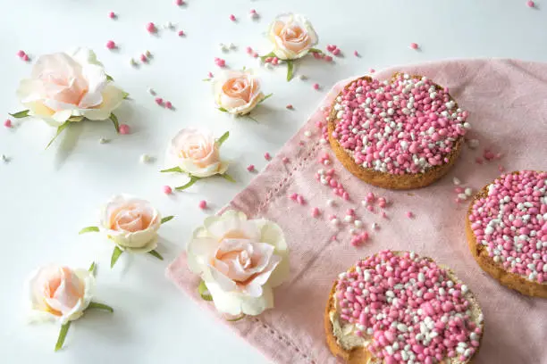 typical Dutch treat rusk with pink muisjes, aniseed for celebrating a baby girl, daughter is born