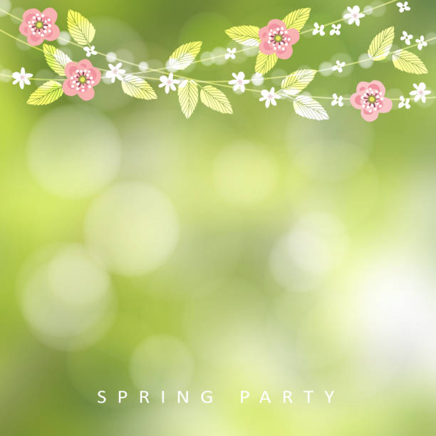 Spring, Easter greeting card, invitation. String of bokeh lights, leaves and cherry blossoms. Modern blurred background. Garden party decoration Spring, Easter greeting card, invitation. String of bokeh lights, leaves and cherry blossoms. Modern blurred background, garden party decoration. anniversary invitation backgrounds greeting card stock illustrations