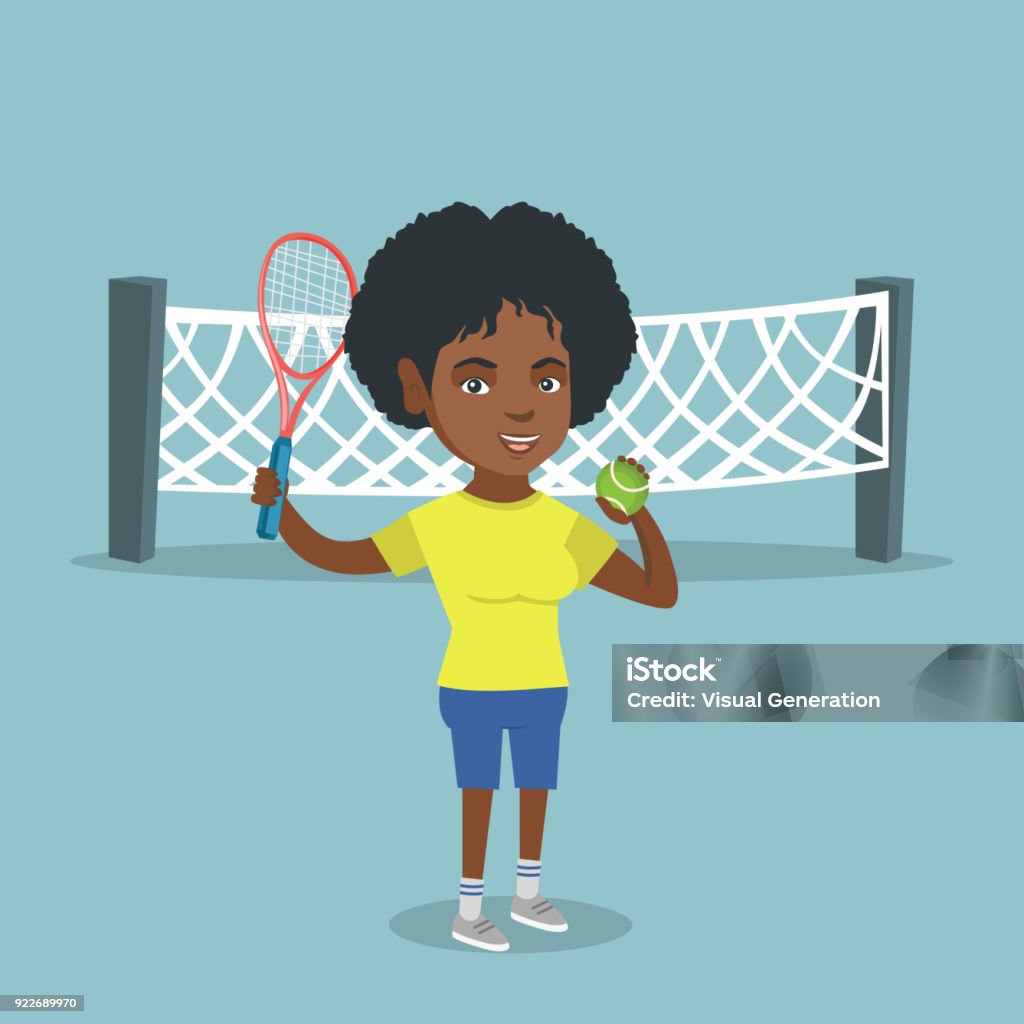 African tennis player holding racket and ball Smiling african-american tennis player standing on the background of tennis net and holding a racket and a ball. Young cheerful sportswoman playing tennis. Vector cartoon illustration. Square layout. Adult stock vector