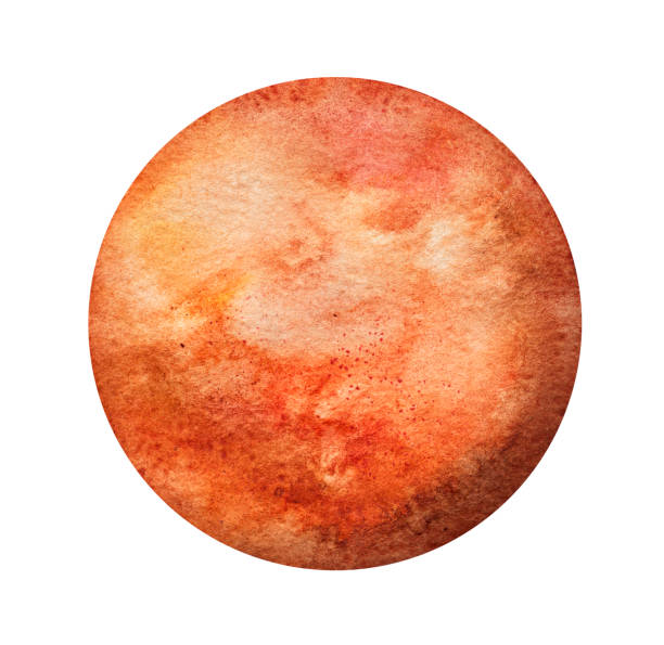 Mars Planet Paint. Astronomical body, the fourth planet from the Sun. Symbol of energy, creativity, passion, readiness to go forward, competition. Hand drawn water colour on white backdrop, isolated. mars stock illustrations