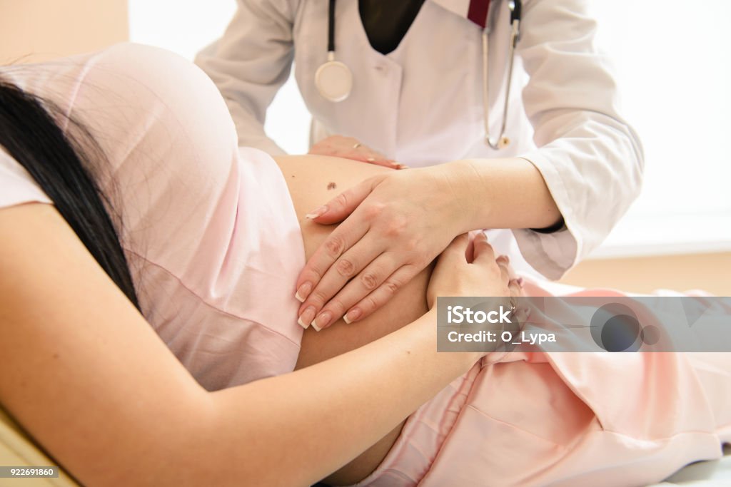 Doctor touch pregnant tummy with hands Close-up hand check of pregnancy in hospital Pregnant Stock Photo