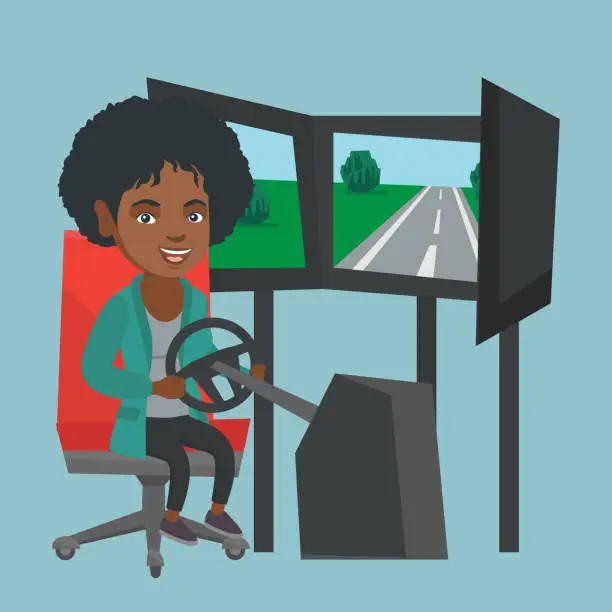 Vector illustration of Young african woman playing car racing video game