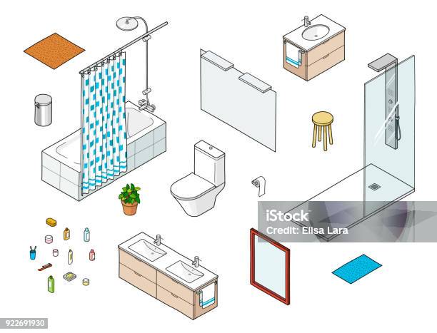 Set Of Isometric Bathroom Elements Stock Illustration - Download Image Now - Isometric Projection, Bathtub, Flooring