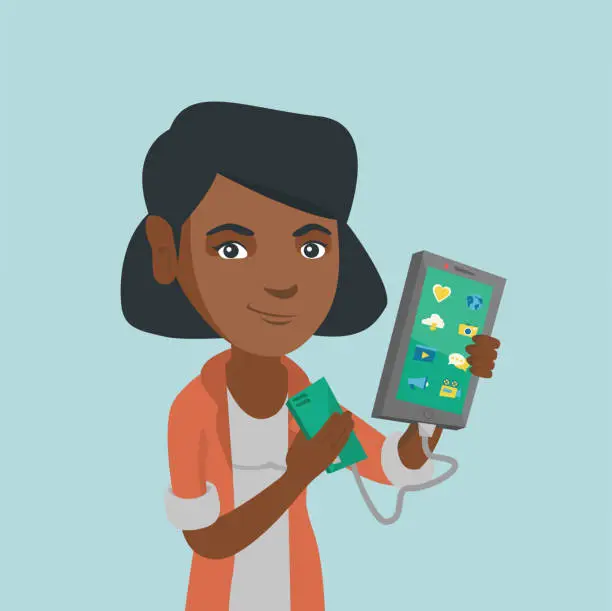 Vector illustration of Woman reharging smartphone from portable battery