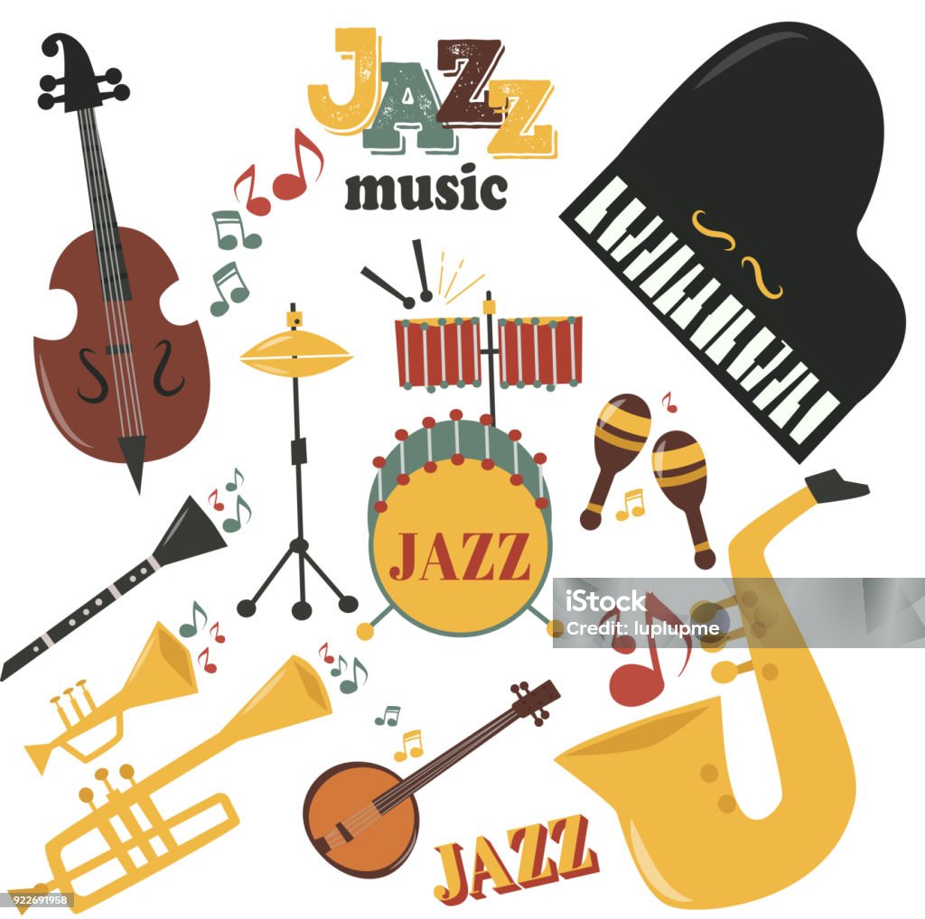 Jazz musical instruments tools icons jazzband piano saxophone music sound vector illustration rock concert note Jazz musical instruments tools icons jazzband piano saxophone music sound vector illustration rock concert note. Entertainment festival music style Medical Equipment stock vector