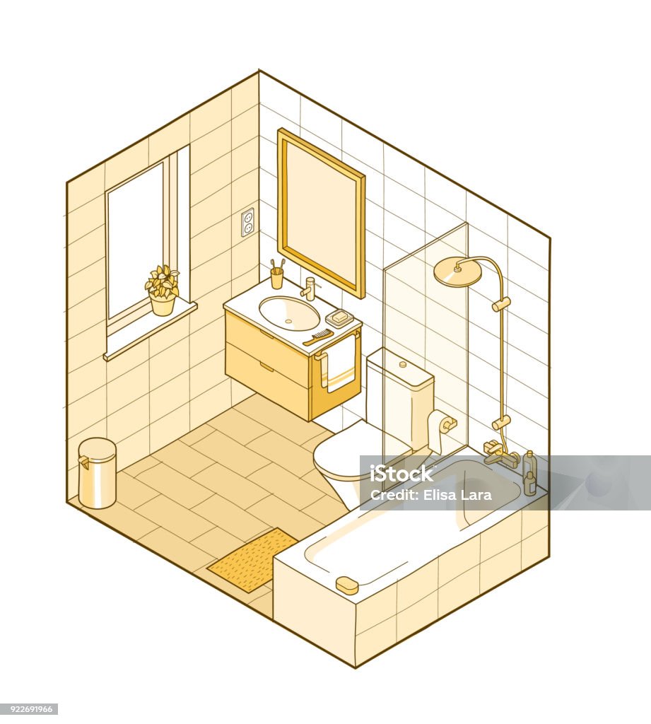 Isometric illustration of bathroom in yellow shades. Isometric illustration of bathroom in yellow shades. Hand drawn interior view. Each element on a different layer so you can move them around. Bathroom stock vector