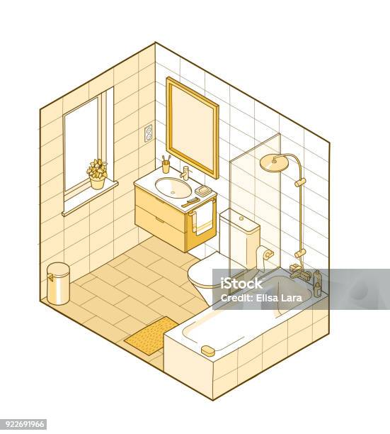 Isometric Illustration Of Bathroom In Yellow Shades Stock Illustration - Download Image Now