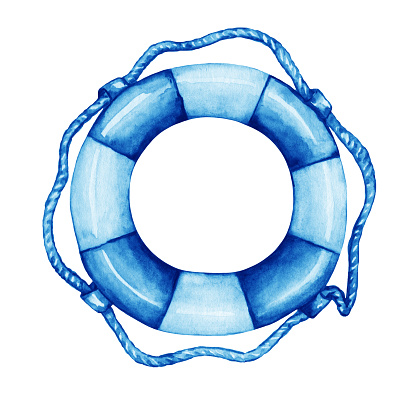 Illustration of old blue lifebuoy nautical equipment. Hand drawn watercolor painting on white background.